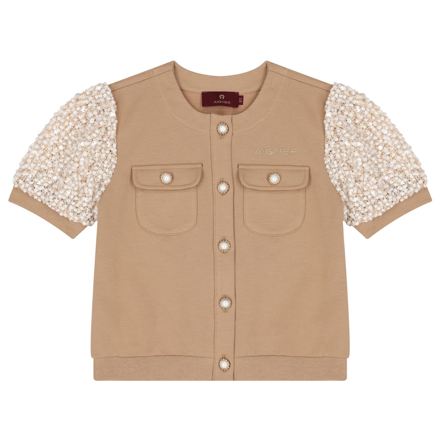 Girls Beige Logo Top, 1, hi-res