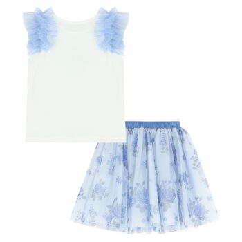 Girls White & Blue Floral Skirt Set