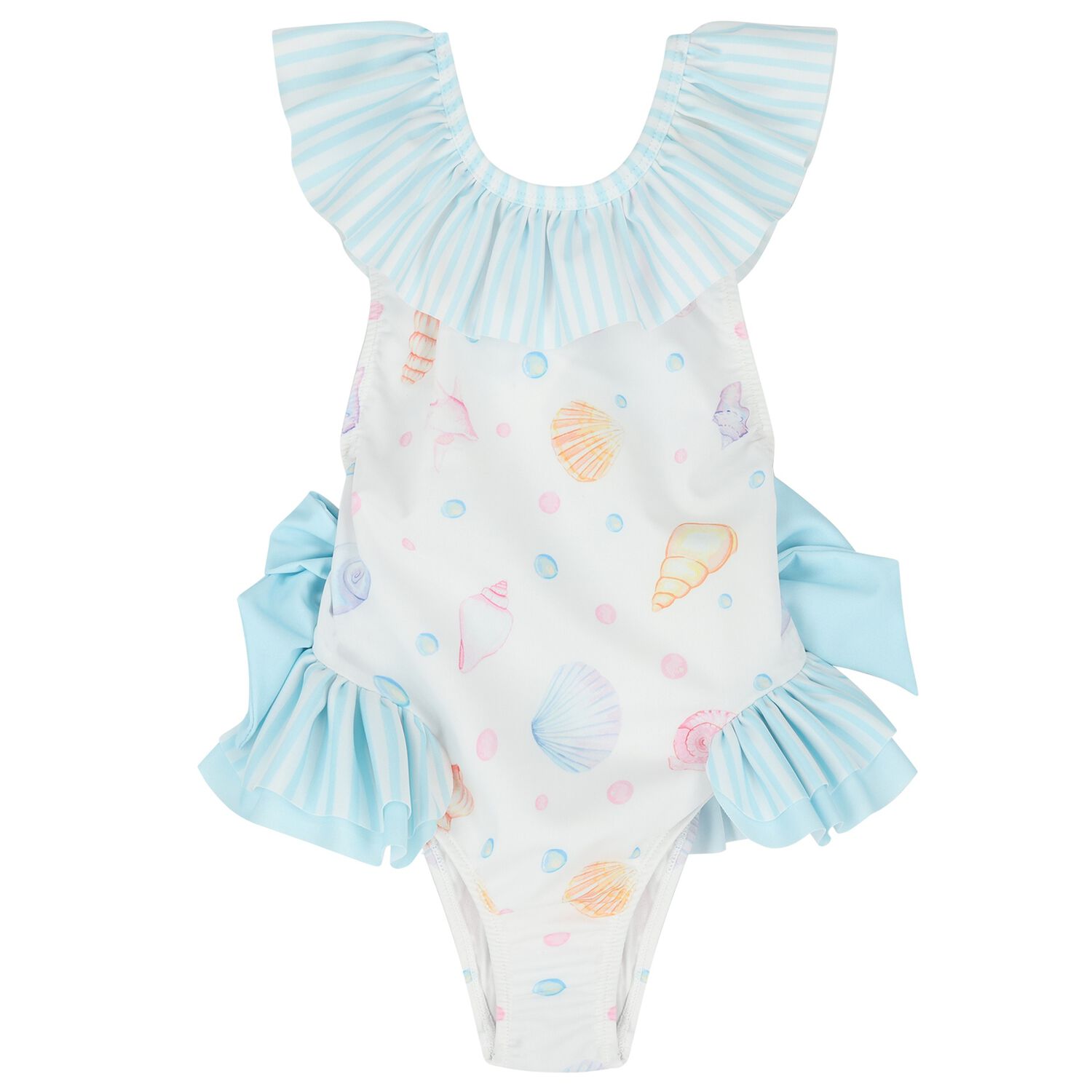 Girls White & Blue Seashells Swimsuit, 3, hi-res