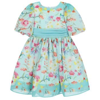 Girls Aqua Floral Chiffon Dress