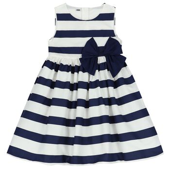 Girls Ivory & Navy Blue Striped Dress