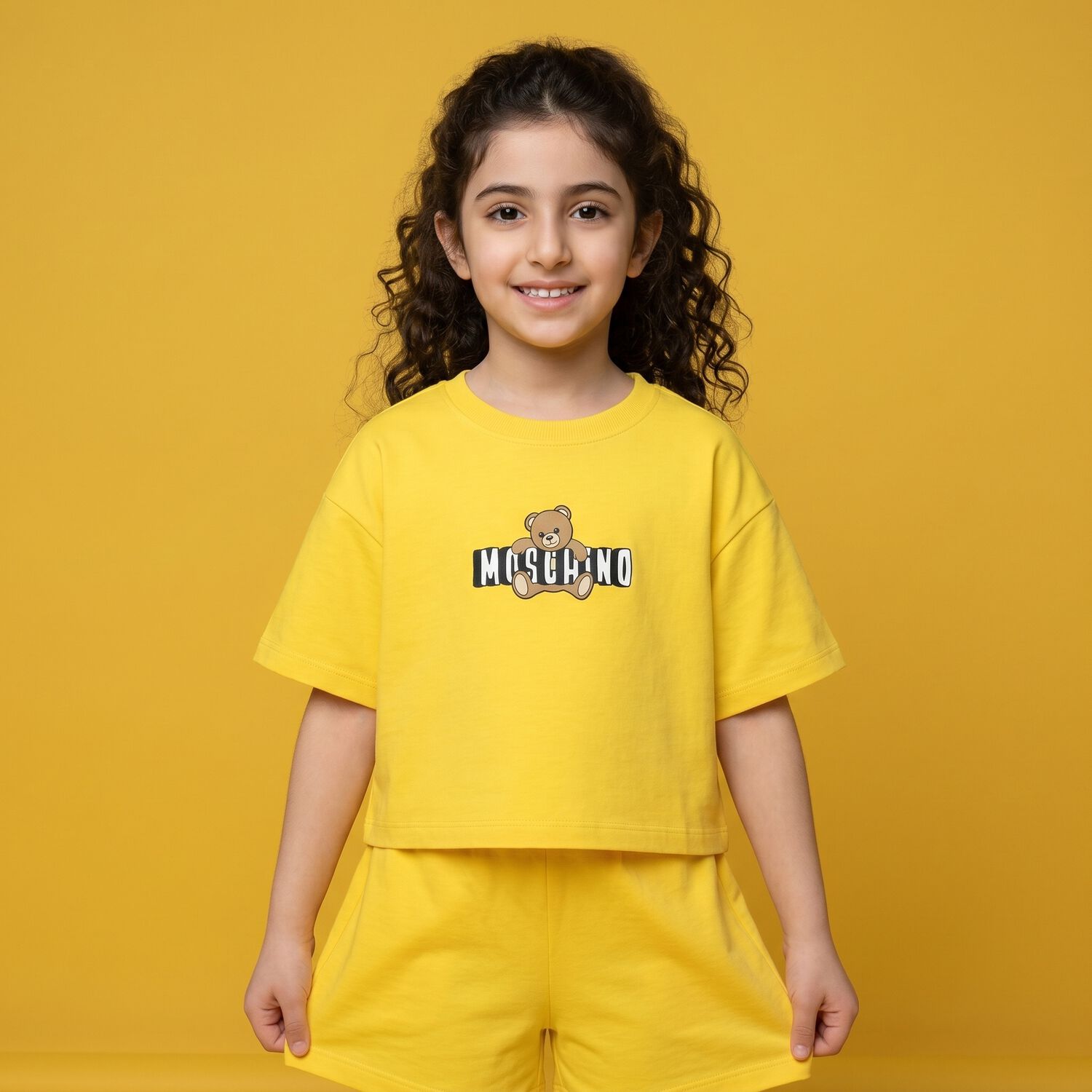 Girls Yellow Teddy Bear Logo T-Shirt, 4, hi-res