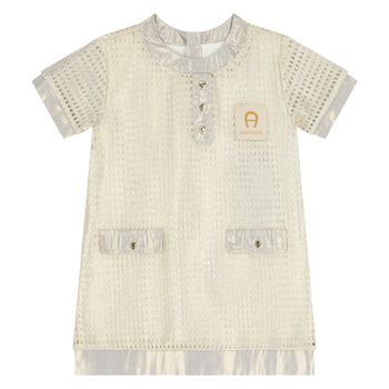 Younger Girls Ivory & Gold Logo Dress