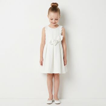 Girls White Scalloped Bow Dress