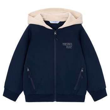 Boys Navy Blue & Beige Hooded Zip Up Top