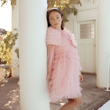 Girls Pink Ruffle Tulle Cape Dress