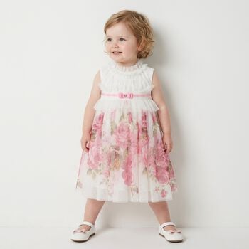 Baby Girls White & Pink Floral Tulle Dress