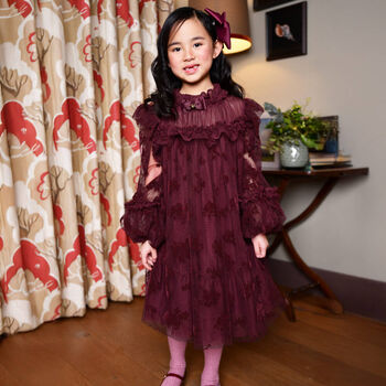 Girls Burgundy Floral Ruffled Tulle Dress