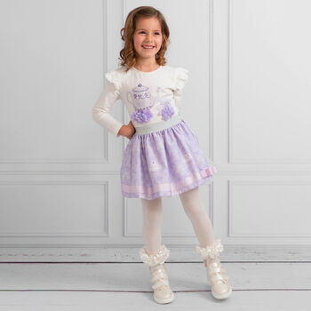 Girls Ivory & Purple Embellished Skirt Set