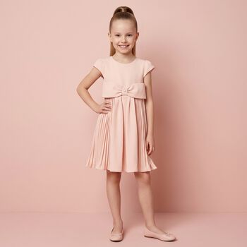 Girls Pink Bow Pleated Dress