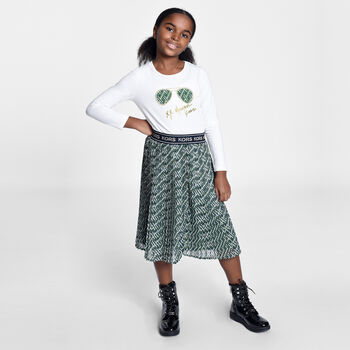 Girls Green Logo Pleated Skirt
