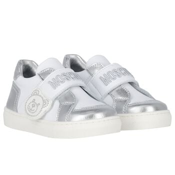 White & Silver Teddy Bear Logo Trainers