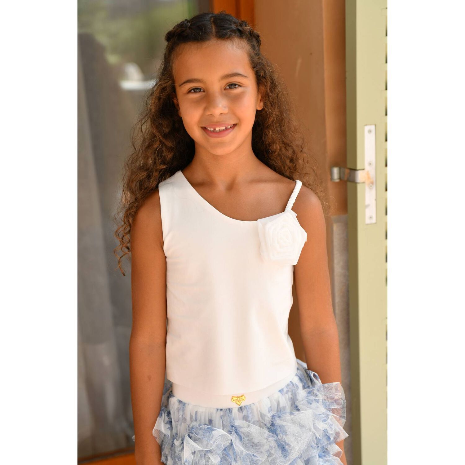 Girls White Rose Applique Top, 1, hi-res