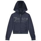 Girls Navy Blue Crystal Embellished Diamant&eacute; Logo Hooded Zip Up Top, 1, hi-res