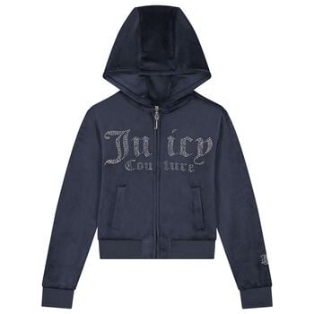 Girls Navy Blue Crystal Embellished Diamant&eacute; Logo Hooded Zip Up Top