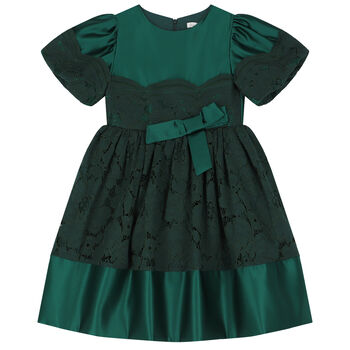 Girls Green Satin & Lace Dress