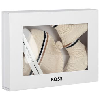 Beige Hat & Bootie Logo Baby Gift Set