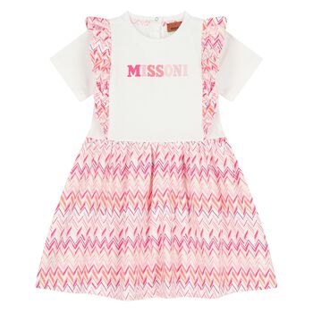 Younger Girls White & Pink Logo Zig Zag Dress