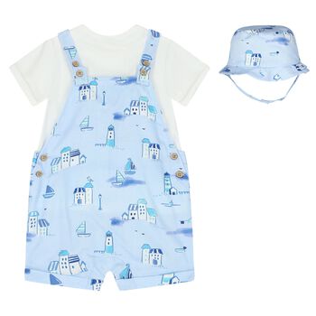 Baby Boys Blue & White Dungaree & Hat Set