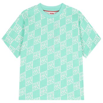 Boys Aqua & White Check Logo T-Shirt