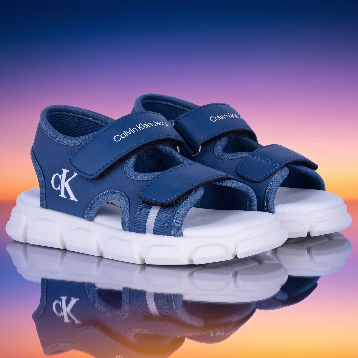 Younger Boys Blue & White Logo Sandals, 1, hi-res