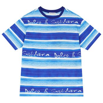 Boys Blue Striped Cotton Logo T-Shirt