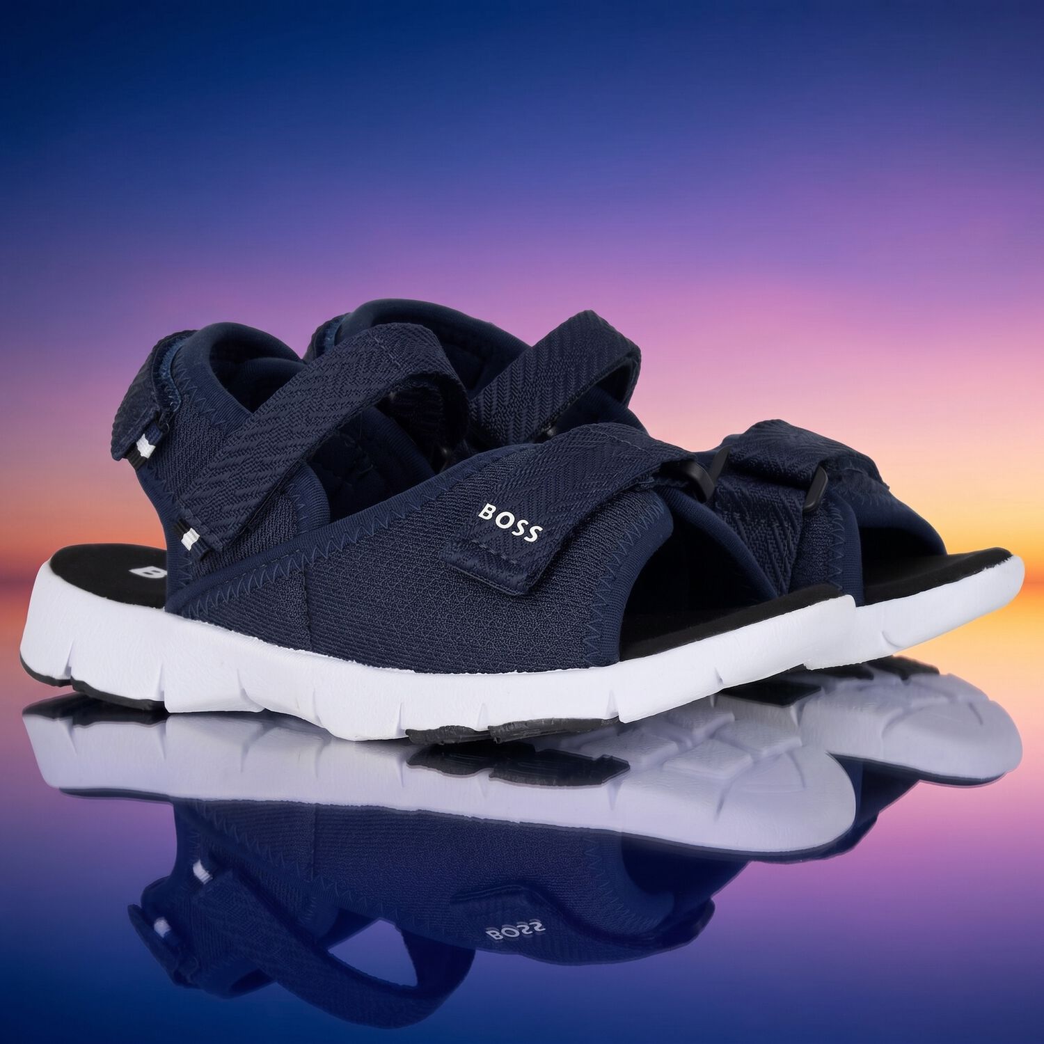 Boys Navy Blue Logo Sandals, 2, hi-res