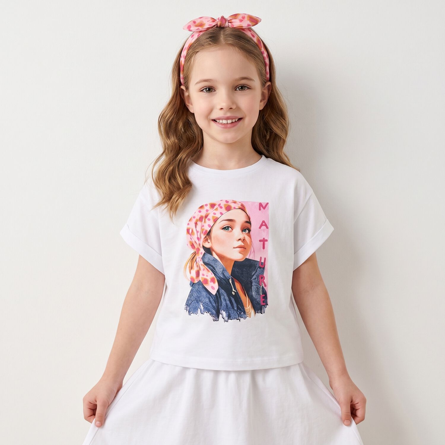 Girls White T-Shirt & Headband Set, 2, hi-res