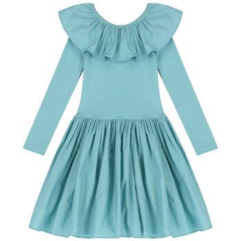 Girls Turquoise Ruffled Long Sleeve Dress