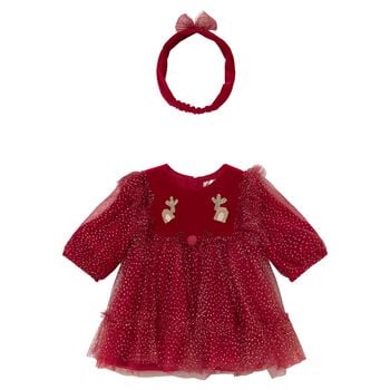 Baby Girls Red & Gold Reindeer Dress Set
