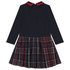 Girls Navy Blue Tartan Dress, 1, hi-res