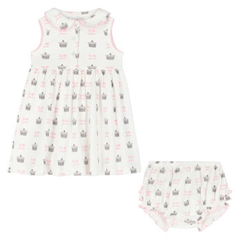 Younger Girls Ivory & Pink Crown Dress Set