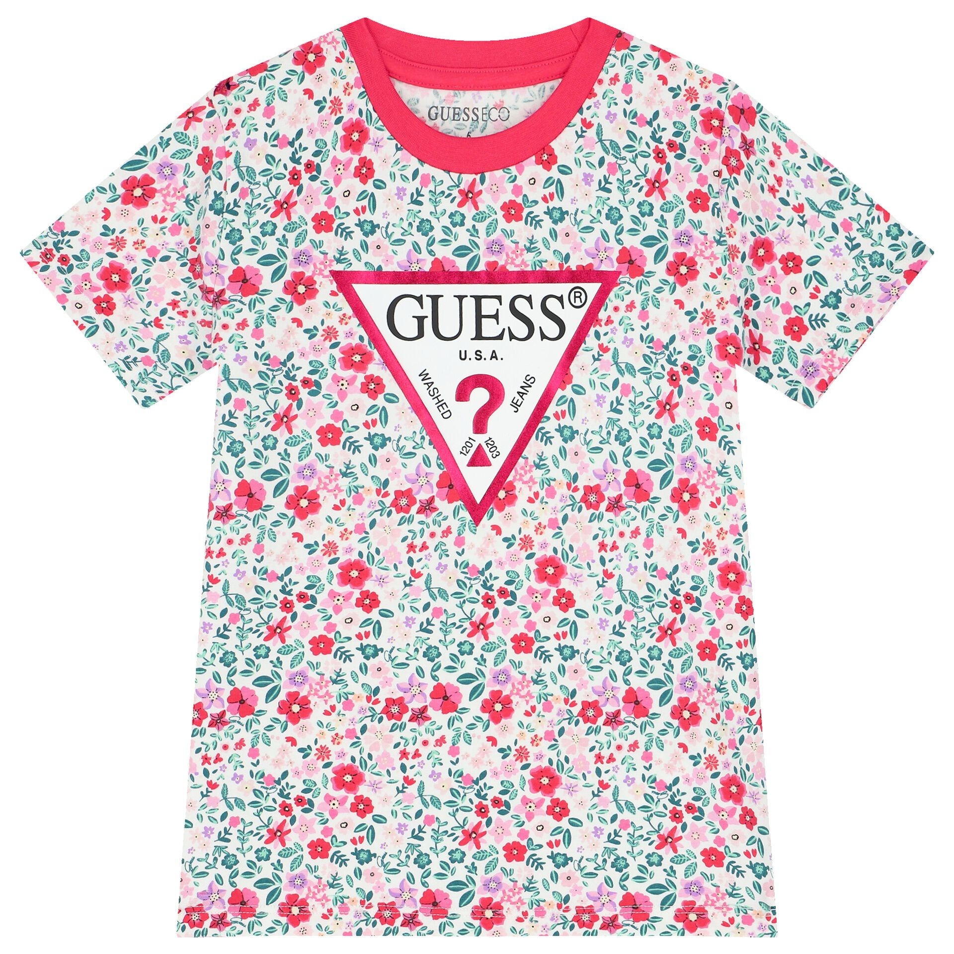 Guess Girls Green Pink Floral Logo T Shirt Junior Couture