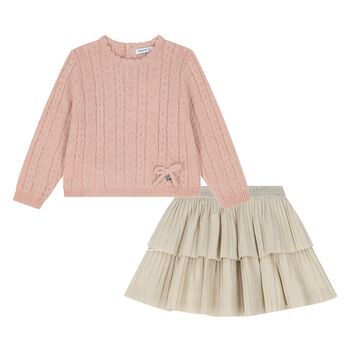 Younger Girls Pink & Beige Cable Knit Skirt Set