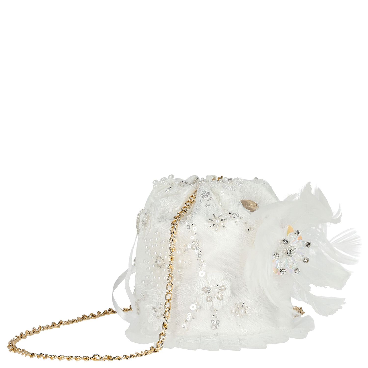 Girls Ivory Feather Embellished Handbag, 2, hi-res