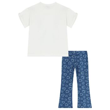 Girls White & Denim Blue Heart Leggings Set