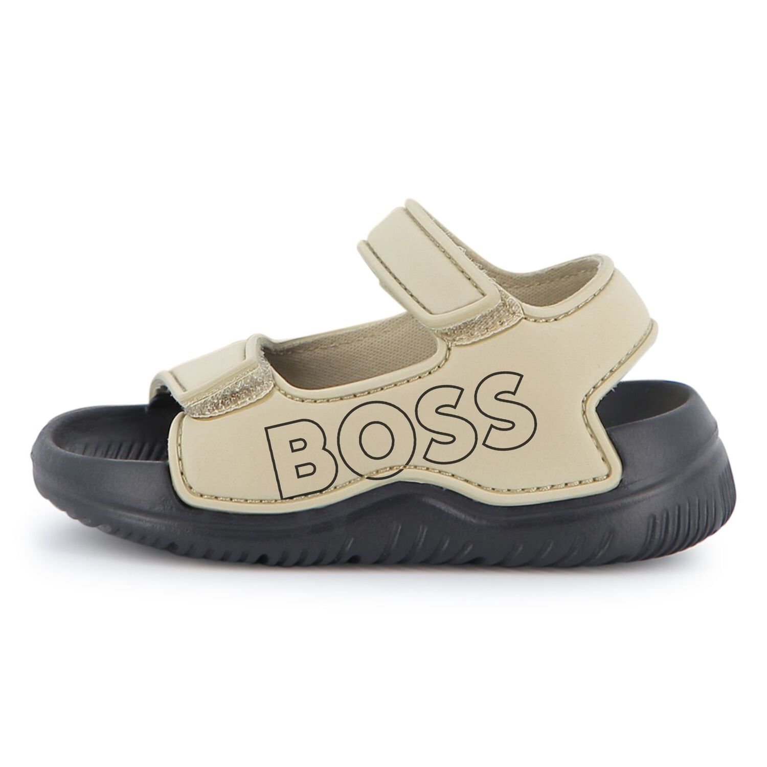 Boys Beige & Black Logo Sandals, 2, hi-res