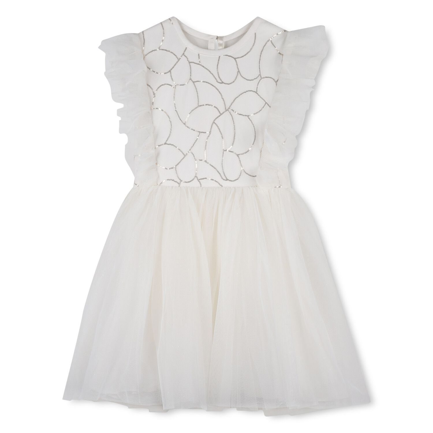Girls White Embellished Ruffled Tulle Dress, 1, hi-res