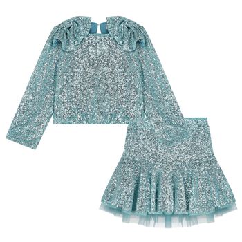 Girls Aqua Embellished Sequin Skirt Set 