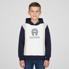 Boys Navy Blue & White Logo Hooded Top, 1, hi-res