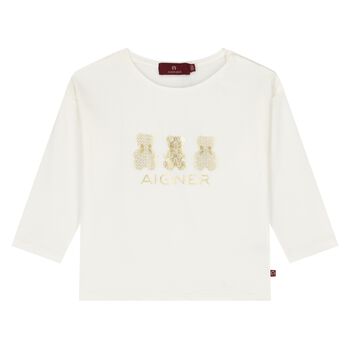 Younger Girls Ivory & Gold Teddy Bear Logo Long Sleeve Top 