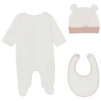 Baby Girls Ivory & Pink Babygrow, Hat & Bib Set