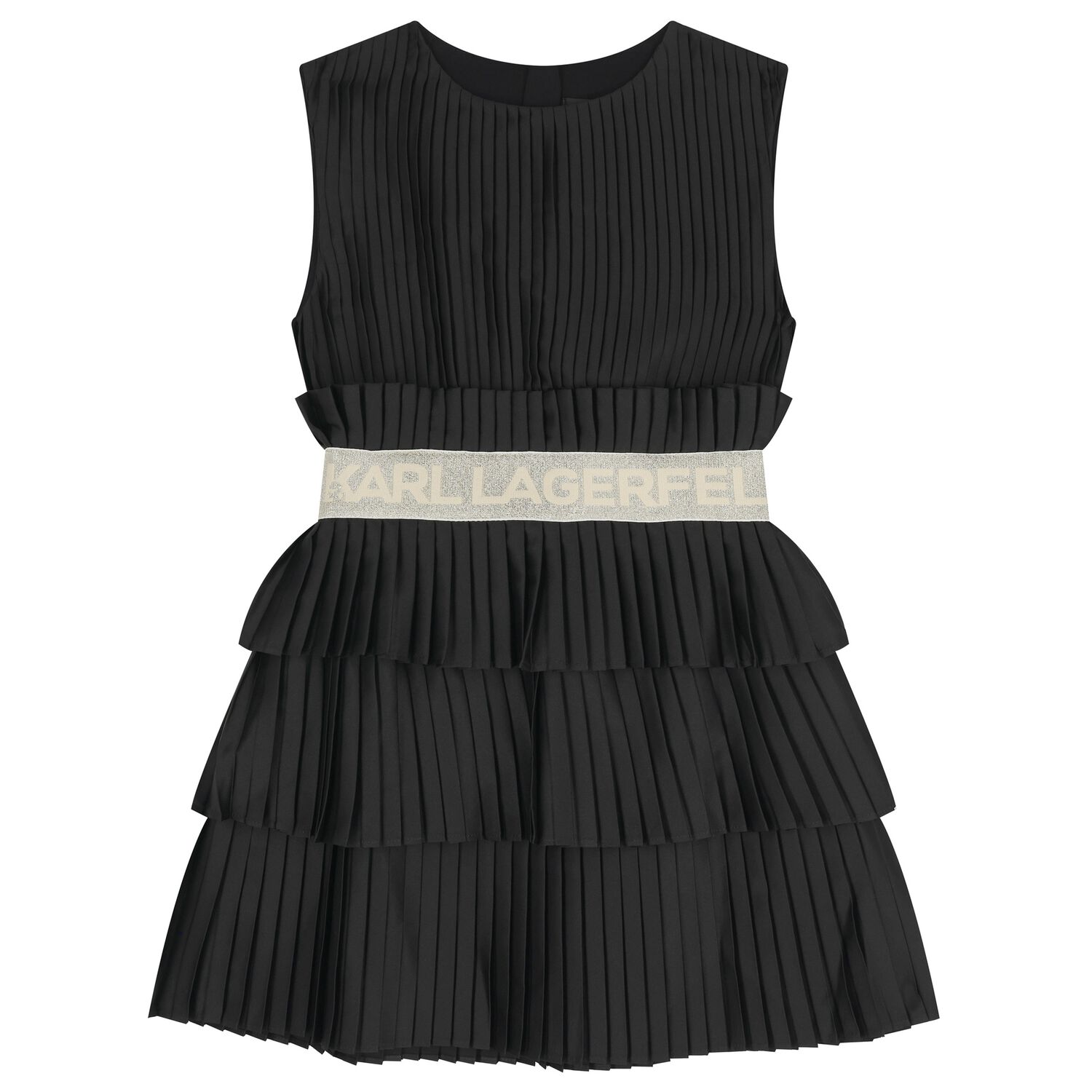 Girls Black Logo Pleated Satin Dress , 1, hi-res