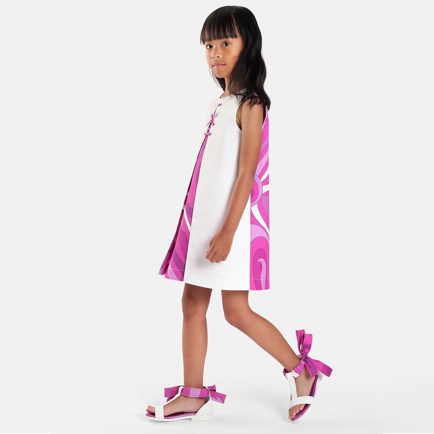 Girls White & Purple Marmo Sleeveless Dress, 1, hi-res