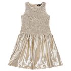 Girls Metallic Gold Logo Ruched Dress, 1, hi-res