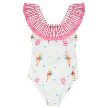 Girls White & Pink Ice Cream Swimsuit