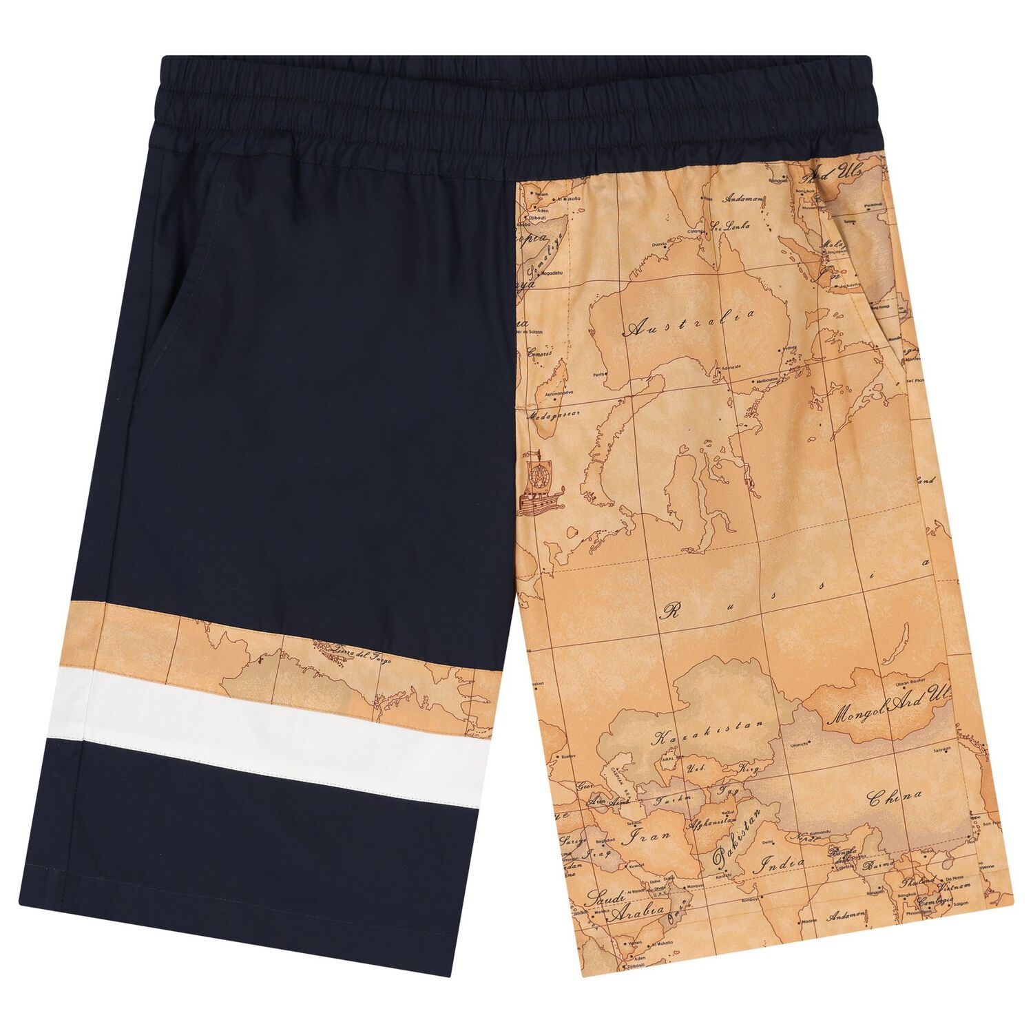 Boys Navy Blue & Beige Geo Map Logo Shorts Set, 1, hi-res image number null