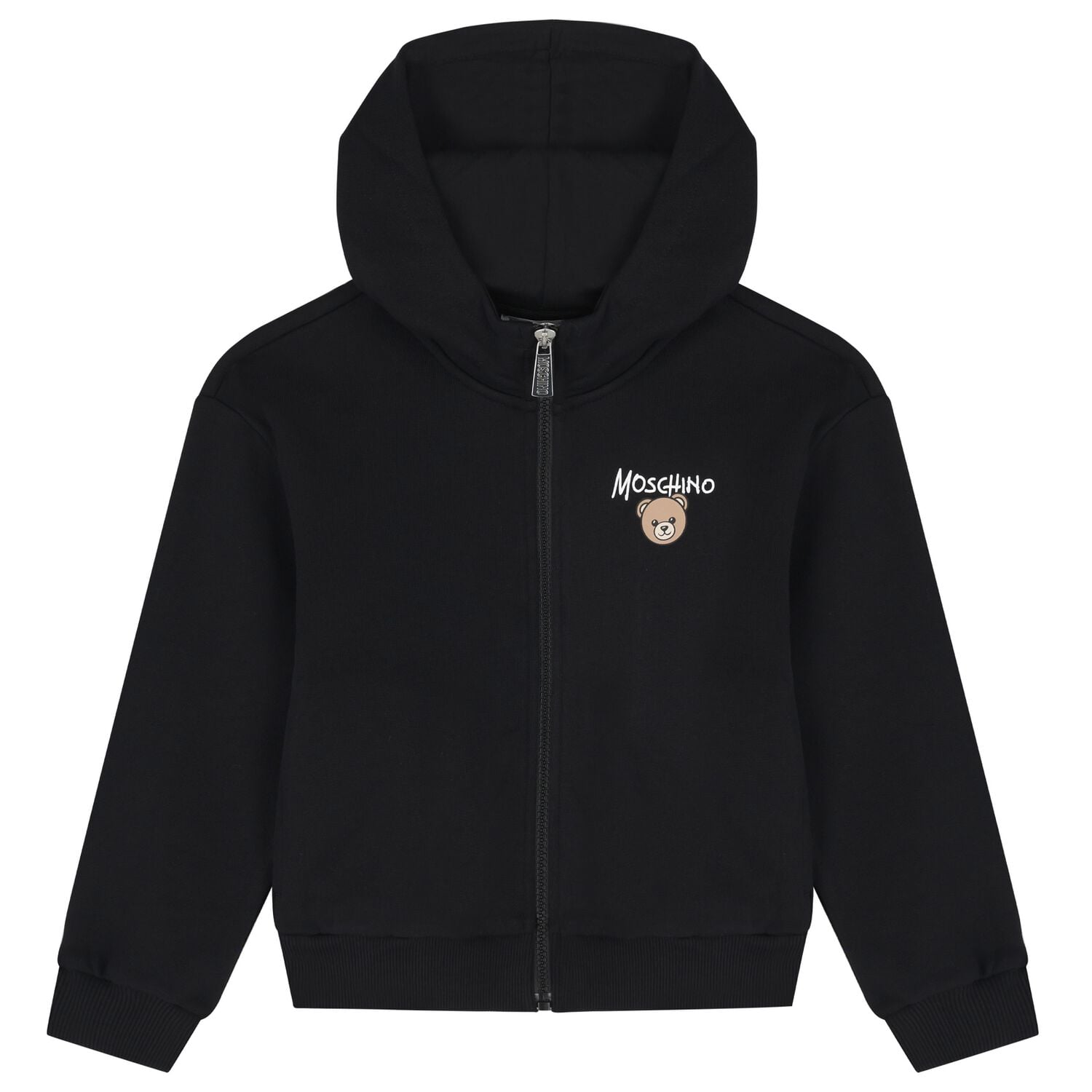Black Teddy Bear Logo Hooded Zip Up Top, 1, hi-res