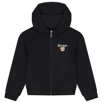 Black Teddy Bear Logo Hooded Zip Up Top