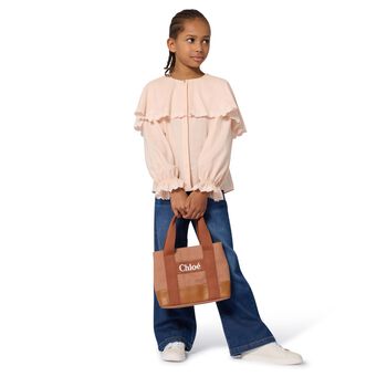 Girls Brown Leather Logo Tote Bag